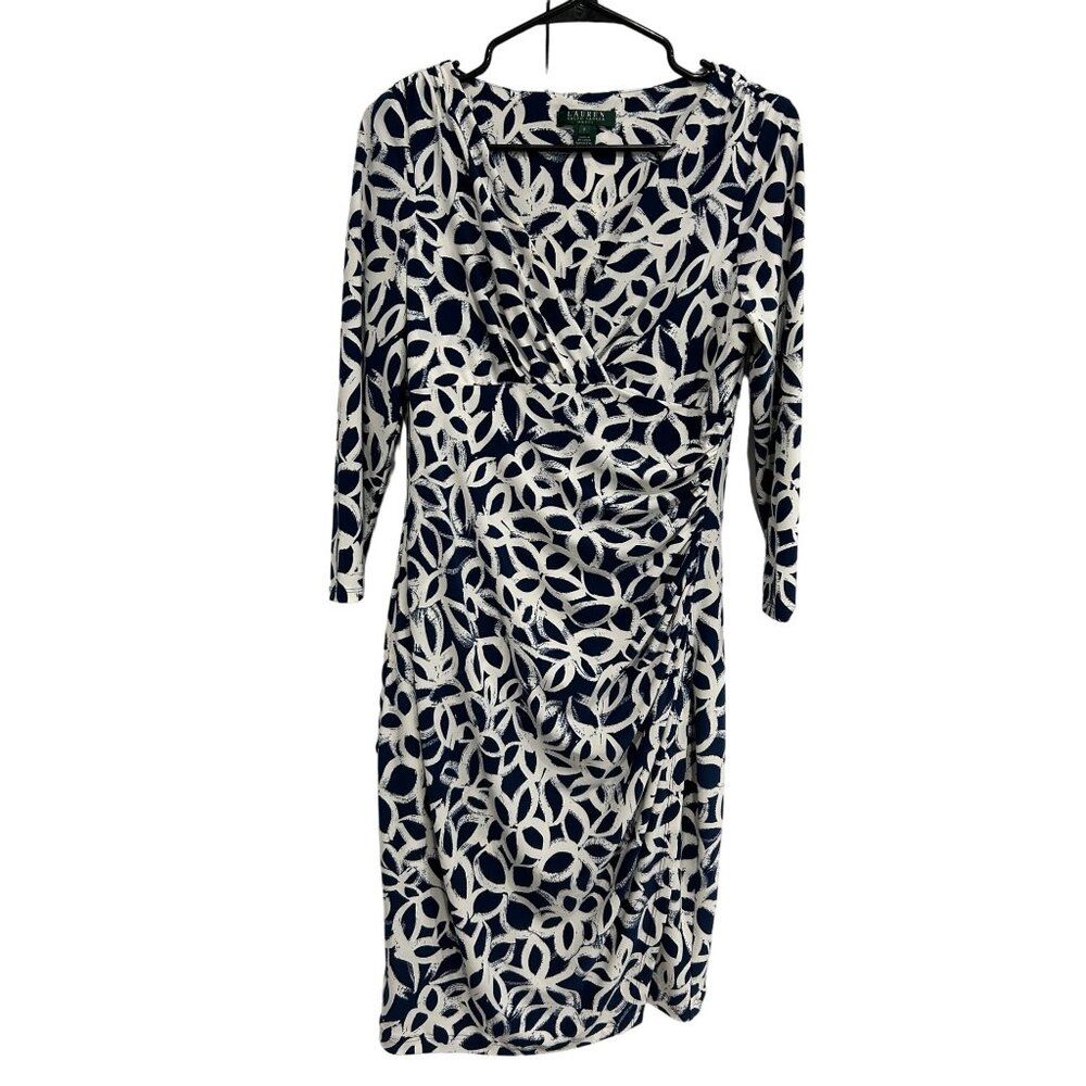 Lauren Ralph Lauren Womens Faux Wrap Navy White Patterned Dress 3/4 Sleeves Sz 6